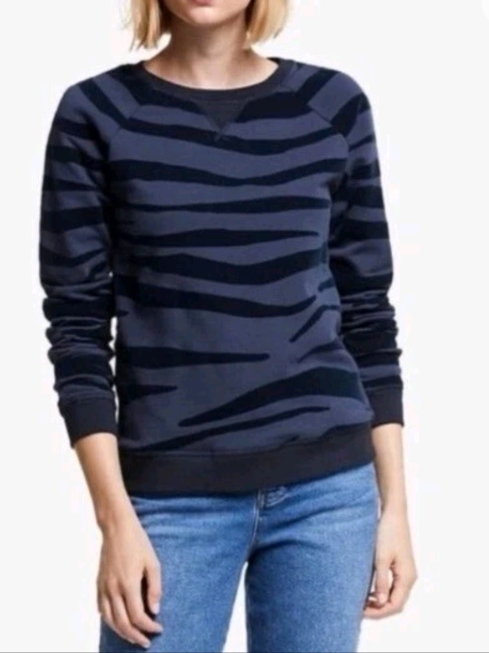 Boden Navy Zebra Striped Crewneck Sweatshirt